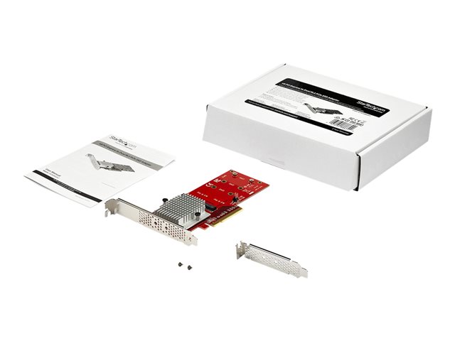 StarTech.com Dual M.2 PCIe SSD Adapter Card, x8 / x16 Dual NVMe or AHCI M.2 SSD to PCI Express 3.0, M.2 NGFF PCIe (M-Key) Compatible, Vented, Supports 2242, 2260, 2280, JBOD, Mac & PC - Full/Low-Profile Brackets (PEX8M2E2) - Interface adapter - M.2 - Expansion Slot to M.2 - M.2 Card - low profile - PCIe 3.0 x8 - red - TAA Compliant
