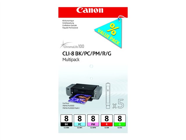 Canon CLI Value Pack 8 Multipack - 13 ml - black, cyan, magenta, red, green - original - ink tank - for PIXMA Pro9000, Pro9000 Mark II