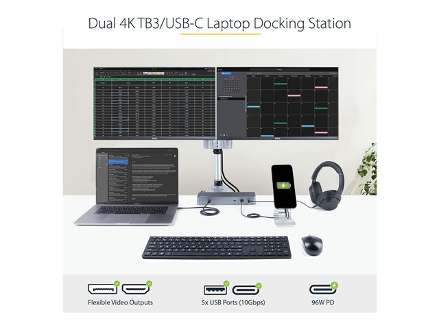 StarTech.com Thunderbolt 3 Dock with USB-C Host Compatibility, Dual 4K 60Hz DisplayPort 1.4 or Dual HDMI 2.0 Monitors, Single 8K, TB3/USB-C Laptop Docking Station, 96W PD, 5x USB, 10Gbps - 96W Power Delivery (TB3CDK2DHUE) - Docking station - USB-C 3.2 Gen 2 / Thunderbolt 3 - 2 x HDMI, 2 x DP - 1GbE