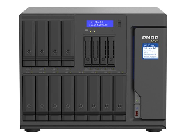 QNAP TVS-H1688X - NAS server - 16 bays - SATA 6Gb/s - RAID RAID 0, 1, 5, 6, 10, 50, JBOD, 5 hot spare, 6 hot spare, 60, 10 hot spare, RAID TP - RAM 32 GB - Gigabit Ethernet / 2.5 Gigabit Ethernet / 10 Gigabit Ethernet - iSCSI support