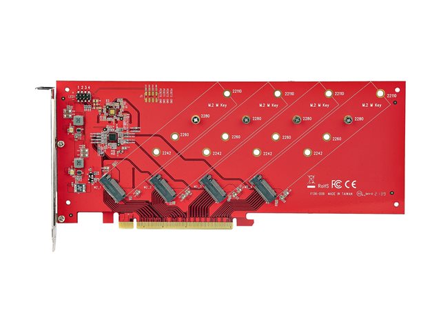 StarTech.com Quad M.2 PCIe Adapter Card, x16 Quad NVMe or AHCI M.2 SSD to PCI Express 4.0, Up to 7.8GBps/Drive, For 2242/2260/2280/22110mm PCIe M-Key M2 SSDs, Bifurcation Required - PC/Linux Compatible (QUAD-M2-PCIE-CARD-B) - Interface adapter - M.2 - Expansion Slot to 4 x M.2 - M.2 Card - low profile - RAID RAID 0, 1, JBOD - PCIe 4.0 x16/x8 - red