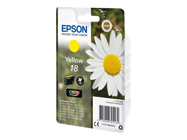 Epson 18 - 3.3 ml - yellow - original - ink cartridge - for Expression Home XP-212, 215, 225, 312, 315, 322, 325, 412, 415, 422, 425