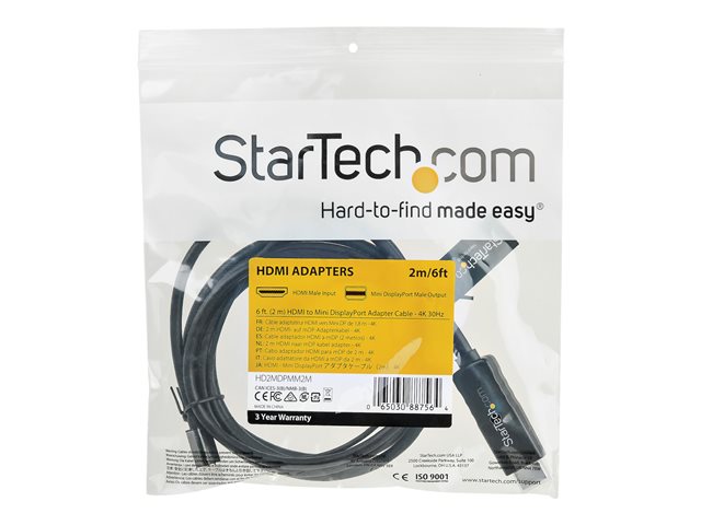 StarTech.com 6ft (2m) HDMI to Mini DisplayPort Cable 4K 30Hz, Active HDMI to mDP Adapter Converter Cable with Audio, USB Powered, Mac & Windows, HDMI Male to mDP Male Video Adapter Cable - HDMI to mDP Converter (HD2MDPMM2M) - Video / audio cable - HDMI, USB (power only) male to Mini DisplayPort male - 2 m - black - 4K support