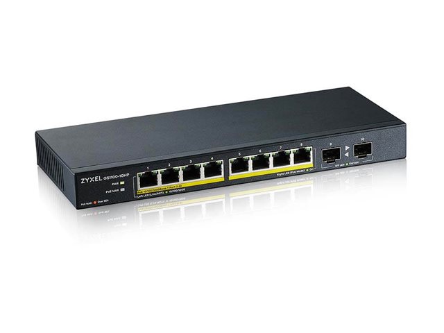 Zyxel GS1100-10HP - Switch - unmanaged - 8 x 10/100/1000 (PoE+) + 2 x Gigabit SFP - desktop, wall-mountable - PoE+ (130 W)