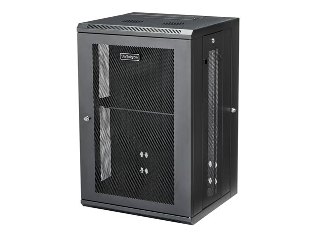 StarTech.com 18U 19\" Wall Mount Network Cabinet, 16\" Deep Hinged Locking IT Network Switch Depth Enclosure, Assembled Vented Computer Equipment Data Rack with Shelf & Flexible Side Panels - 18U Vented Cabinet (RK1820WALHM) - Rack enclosure cabinet - wall mountable - black - 18U