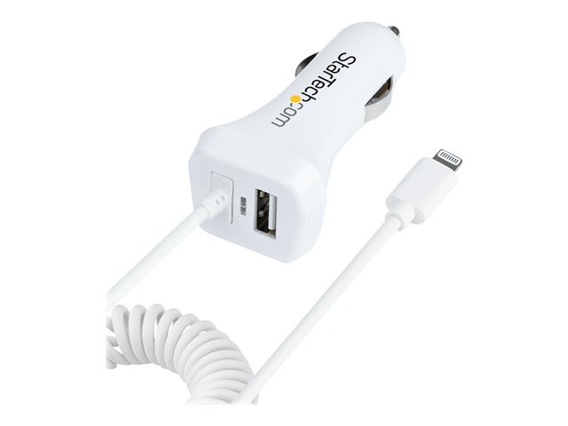 StarTech.com Lightning Car Charger with 1m Coiled Lightning Cable, 12W, White, 2 Port USB Car Charger Adapter for Phones and Tablets, In Car Apple iPhone/iPad Charger w/ Built-in Cord - Dual USB Car Charger (USBLT2PCARW2) - Car power adapter - 12 Watt - 4.2 A - 2 output connectors (USB, Lightning) - white
