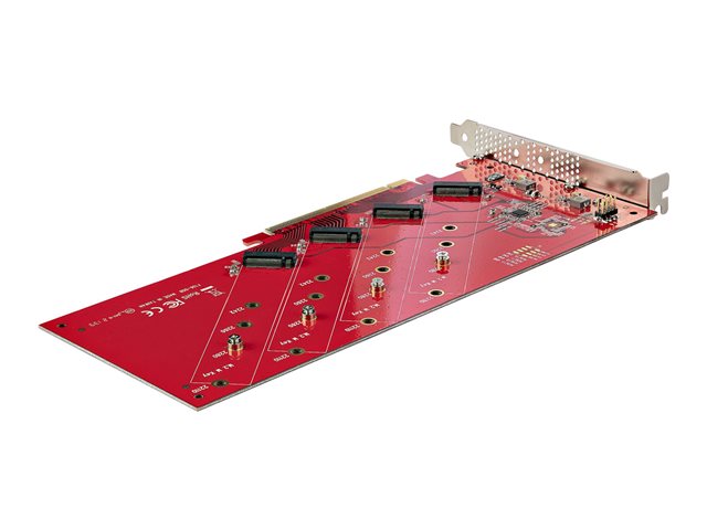 StarTech.com Quad M.2 PCIe Adapter Card, x16 Quad NVMe or AHCI M.2 SSD to PCI Express 4.0, Up to 7.8GBps/Drive, For 2242/2260/2280/22110mm PCIe M-Key M2 SSDs, Bifurcation Required - PC/Linux Compatible (QUAD-M2-PCIE-CARD-B) - Interface adapter - M.2 - Expansion Slot to 4 x M.2 - M.2 Card - low profile - RAID RAID 0, 1, JBOD - PCIe 4.0 x16/x8 - red