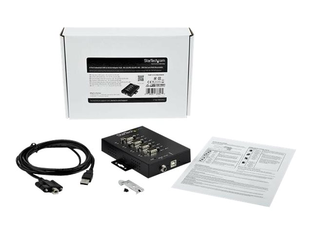 StarTech.com 4 Port Serial Hub USB to RS232/RS485/RS422 Adapter, Industrial USB 2.0 to DB9 Serial Converter Hub, IP30 Rated, Din Rail Mountable Metal Serial Hub, 15kV ESD Protection - 6ft Locking Cable Incl - Serial adapter - USB 2.0 - RS-232/422/485 x 4 + USB 2.0 x 1 - black - TAA Compliant