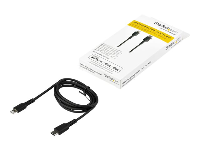 StarTech.com 3 ft(1m) Durable Black USB-C to Lightning Cable, Heavy Duty Rugged Aramid Fiber USB Type C to Lightning Charger/Sync Power Cord, Apple MFi Certified iPad/iPhone 12 Pro Max - iPhone 7/8/11/11 Pro - Lightning cable - Lightning male to 24 pin USB-C male - 1 m - black