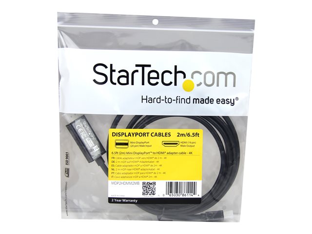 StarTech.com 6ft Mini DisplayPort to HDMI Cable - 4K 30hz Monitor Adapter Cable - mDP PC or Macbook to HDMI Display (MDP2HDMM2MB) - Adapter cable - Mini DisplayPort male to HDMI male - 2 m - black - 4K support