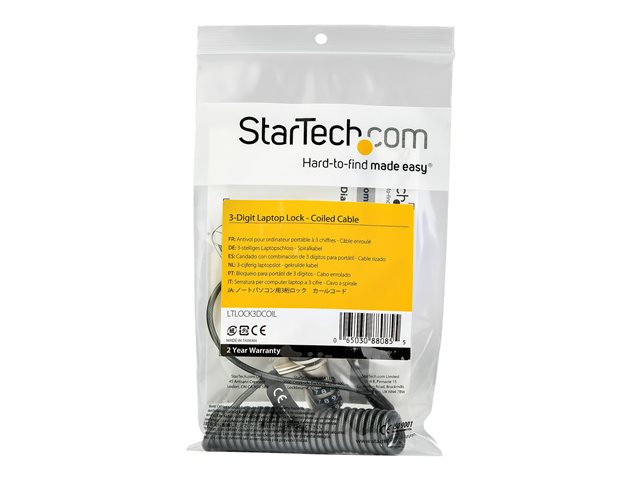 StarTech.com 6ft (1.8m) Self-Coiling Laptop Cable Lock, Portable 3-Digit Combination Security Cable Lock for K-Slot Laptop/Computer/Desktop/Device, Coiled Anti-Theft Steel Cable Combo Lock - 6 ft Coiled Cable Lock (LTLOCK3DCOIL) - Security cable lock - 1.8 m