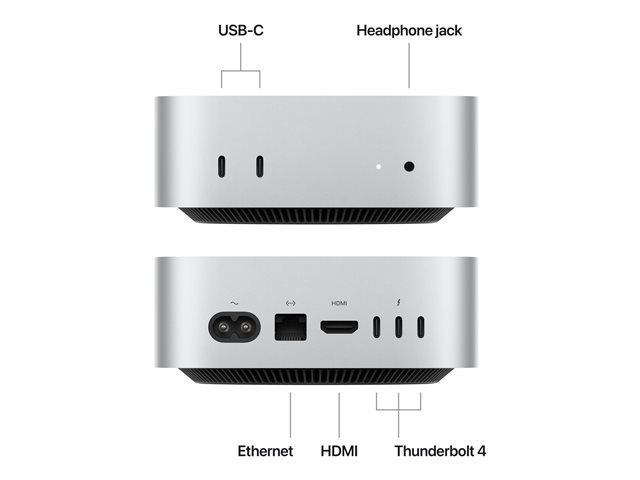 Apple Mac mini - M4 up to - RAM 24 GB - SSD 512 GB - Apple M4 10-core - Gigabit Ethernet, IEEE 802.11ax (Wi-Fi 6E), Bluetooth 5.3 - macOS Sequoia 15.0 - monitor: none - silver