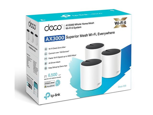 TP-Link Deco X55 V1.60 - Wi-Fi system - (3 routers) - up to 6,500 sq.ft - mesh 1GbE - Wi-Fi 6 - Dual Band