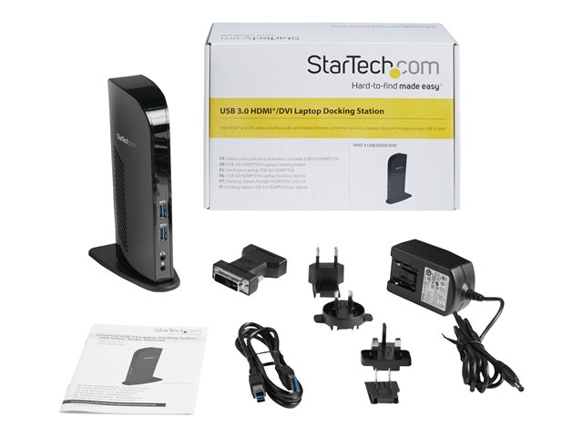 StarTech.com Dual Monitor USB 3.0 Laptop Docking Station with HDMI/DVI/VGA & 6xUSB Ports - Universal USB Dock for Mac & Windows - Black (USB3SDOCKHD) - Docking station - USB - 1GbE - for P/N: ARMBARDUO, ARMBARDUOV, ARMDUAL, ARMDUAL30, ARMDUALV, ARMSLIMDUO, SVA5M4NEUA, TB33A1C