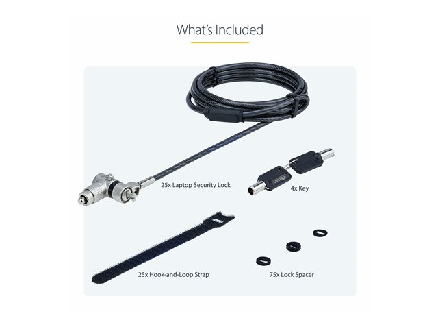 StarTech.com 25-Pack Universal Laptop Lock 6.6ft, Keyed Alike Locking Cable, Security Cable, Compatible w/Noble Wedge/Nano/K-Slot, Anti-Theft Cut-Resistant Cable - TAA - Security cable lock - silver, black - 2 m (pack of 25)