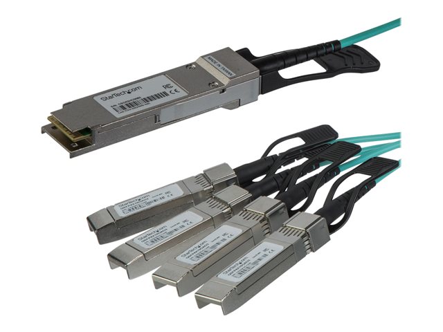 StarTech.com AOC Breakout Cable for Cisco QSFP-4X10G-AOC10M, 15m/49ft 40G 1x QSFP+ to 4x SFP+ AOC Cable, 40GbE / 40Gbps QSFP Plus Transceiver Module Active Optical Fiber, C9300, C3850 - Lifetime Warranty (QSFP4X10AO15) - Breakout cable - QSFP+ latched to SFP+ latched - 15 m - fibre optic - SFF-8431/SFF-8432/SFF-8436 - active - black