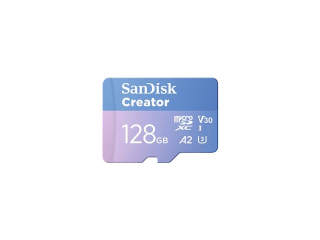SanDisk Creator - Flash memory card (microSDXC to SD adapter included) - 128 GB - A2 / Video Class V30 / UHS-I U3 - microSDXC UHS-I