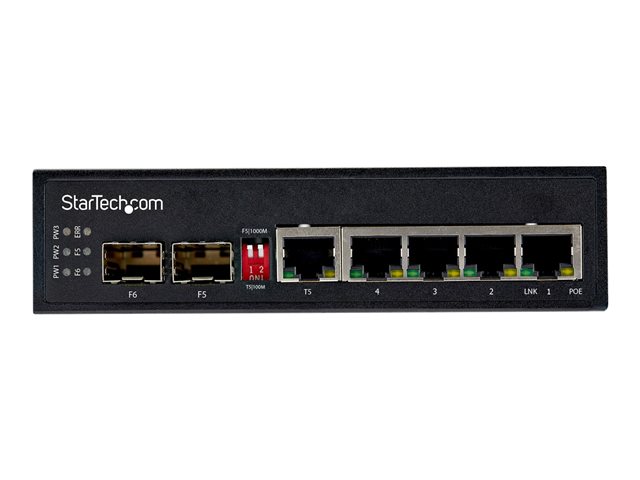 StarTech.com Industrial 6 Port Gigabit Ethernet Switch 4 PoE RJ45 +2 SFP Slots 30W PoE+ 48VDC 10/100/1000 Power Over Ethernet LAN Switch -40C to 75C, DIN Connector/Mountable, Fast Ethernet - High Power PoE Switch (IES1G52UPDIN) - Switch - 1 x 10/100/1000 + 4 x 10/100/1000 (PoE+) + 2 x SFP - DIN rail mountable - PoE+ (120 W) - DC power