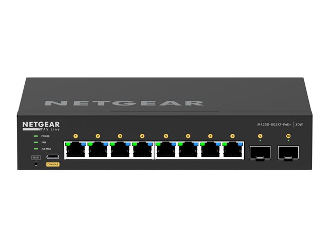 NETGEAR AV Line M4250-8G2XF-PoE+ - Switch - L3 - Managed - 8 x 10/100/1000 (8 PoE+) + 2 x 10 Gigabit SFP+ - side to side airflow - rack-mountable - PoE+ (220 W)