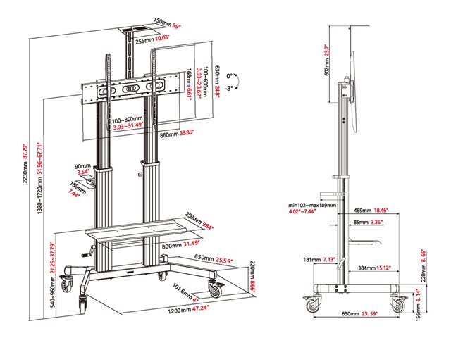 Display floor stand trolley - one person height adjustment - aluminium cart fits display 55 to 100\" with VESA sizes up to 800 x 600 - crank handle adjusts height - tilt adjustment - large shelf for laptop or video bar included - vc shelf included - 100 mm premium all locking wheels - swl 90 kg - black