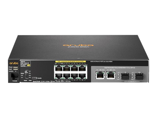 HPE Aruba 2530-8-PoE+ Internal Power Supply - Switch - Managed - 8 x 10/100 (PoE+) + 2 x combo Gigabit Ethernet/Gigabit SFP - desktop, rack-mountable, wall-mountable - PoE+