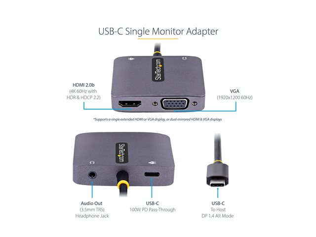 StarTech.com USB C Video Adapter, USB C to HDMI VGA Multiport Adapter w/ 3.5mm Audio Output, 4K 60Hz, HDR, 100W PD 3.0, USB C Monitor Adapter for Laptop, Thunderbolt 3/4 Compatible - USB C Display Travel Adapter (122-USBC-HDMI-4K-VGA) - Docking station - USB-C / Thunderbolt 3 / Thunderbolt 4 - HDMI, VGA