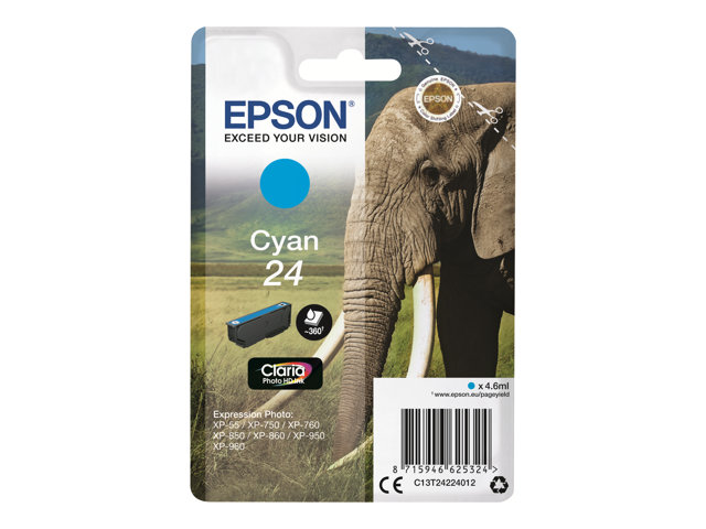 Epson 24 - 4.6 ml - cyan - original - blister with RF alarm - ink cartridge - for Expression Photo XP-55, 750, 760, 850, 860, 950, 960, 970, Expression Premium XP-750, 850