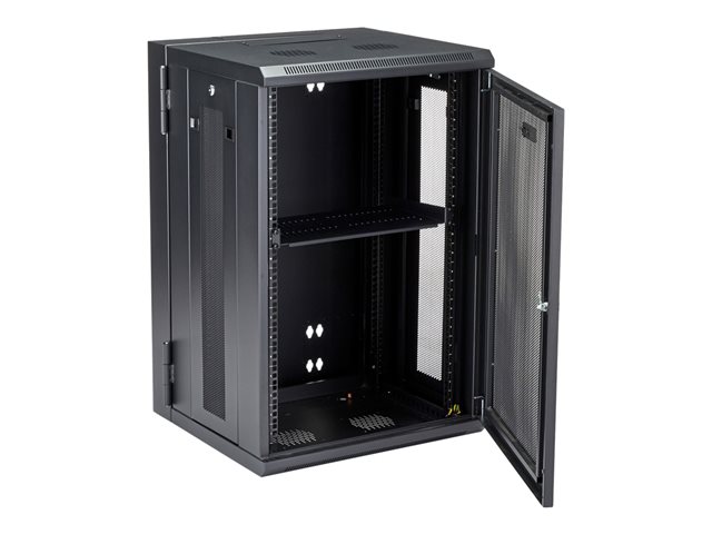 StarTech.com 18U 19\" Wall Mount Network Cabinet, 16\" Deep Hinged Locking IT Network Switch Depth Enclosure, Assembled Vented Computer Equipment Data Rack with Shelf & Flexible Side Panels - 18U Vented Cabinet (RK1820WALHM) - Rack enclosure cabinet - wall mountable - black - 18U