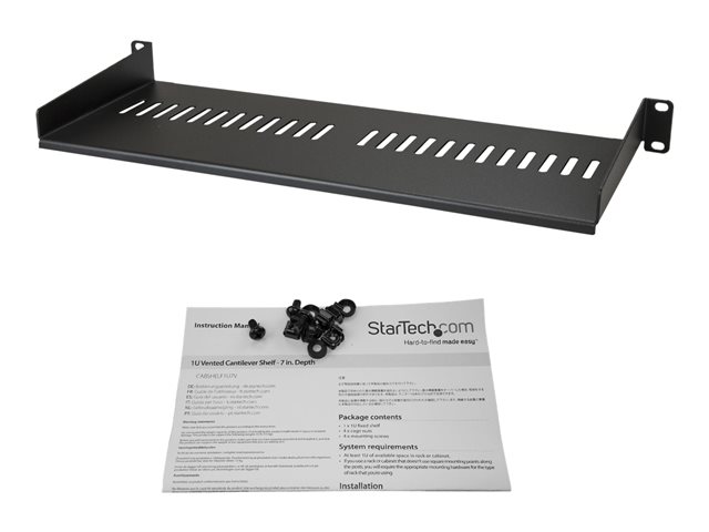 StarTech.com 1U Vented Server Rack Cabinet Shelf, 7in Deep Fixed Cantilever Tray, Rackmount Shelf for 19\" AV/Data/Network Equipment Enclosure w/ Cage Nuts & Screws, 44lbs Weight Capacity - 1U Vented Rack Shelf (CABSHELF1U7V) - Rack shelf - black - 1U - 7\"