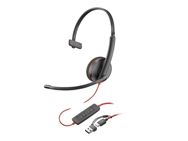 Poly Blackwire 3210 Monaural USB-C Black Headset +USB-C/A Adapter (Bulk) - Replaces Poly SKU 209748-104