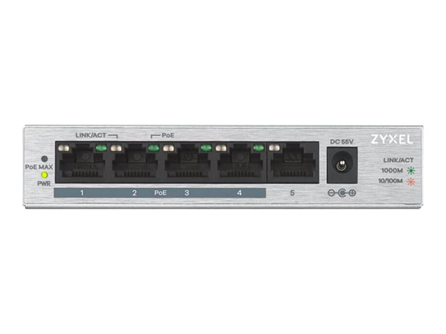 Zyxel GS1005HP - Switch - unmanaged - 4 x 10/100/1000 (PoE+) + 1 x 10/100/1000 - wall-mountable, desktop - PoE (60 W)