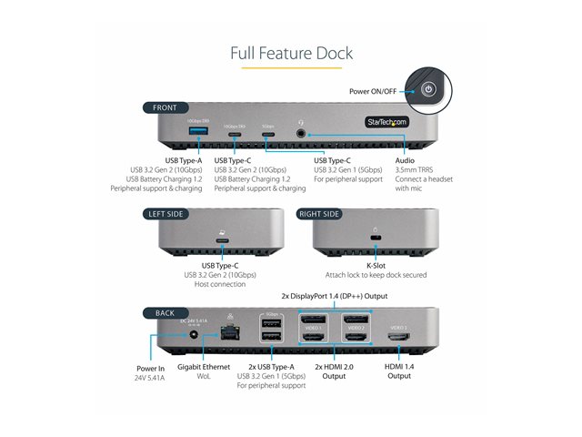 StarTech.com USB-C Triple Monitor Docking Station - HDMI/DP Triple 4k USB-C Dock - 5x USB Hub - GbE - 100W PD - Universal Multi Monitor Docking Station - Thunderbolt 3/4 Compatible (116E-USBC-DOCK) - Docking station - USB-C - 1GbE