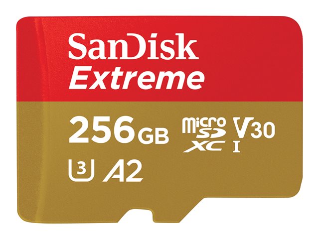 SanDisk Extreme - Flash memory card (microSDXC to SD adapter included) - 256 GB - A2 / Video Class V30 / UHS-I U3 / Class10 - microSDXC UHS-I