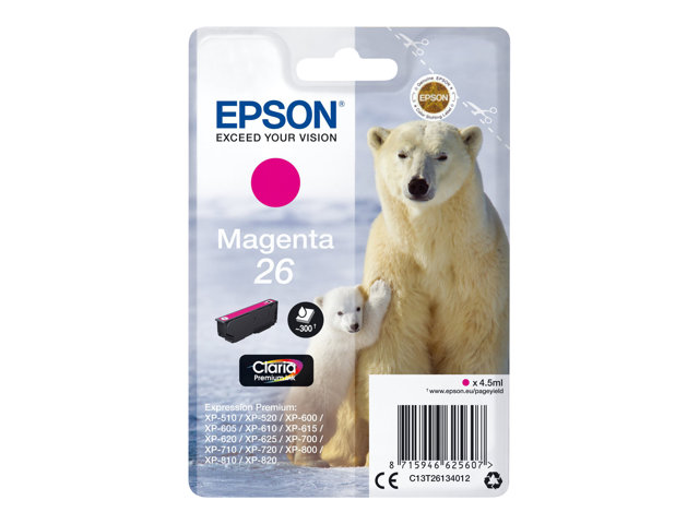 Epson 26 - 4.5 ml - magenta - original - ink cartridge - for Expression Premium XP-510, 520, 600, 605, 610, 615, 620, 625, 700, 710, 720, 800, 810, 820