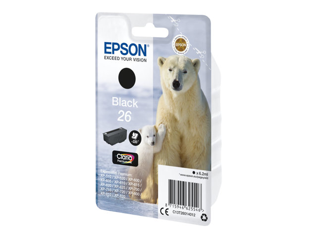 Epson 26 - 6.2 ml - black - original - ink cartridge - for Expression Premium XP-510, 520, 600, 605, 610, 615, 620, 625, 700, 710, 720, 800, 810, 820