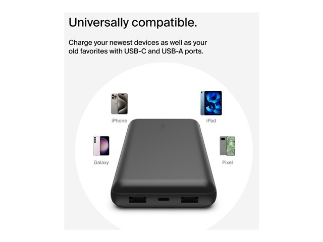 Belkin BoostCharge - Power bank - 20000 mAh - 15 Watt - 3 A - 3 output connectors (24 pin USB-C, 2 x USB) - on cable: USB-C - black