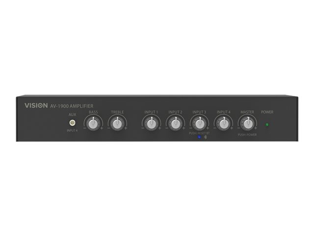 VISION Professional Digital Audio Mixer Amplifier - LIFETIME WARRANTY - 2 x 50w (RMS @ 8 Ohms) - RS-232 - Bluetooth (renameable, set pin) - 4 x inputs each either line-level or Mic (balanced with trim adjustment and switchable phantom power) - pre-mi