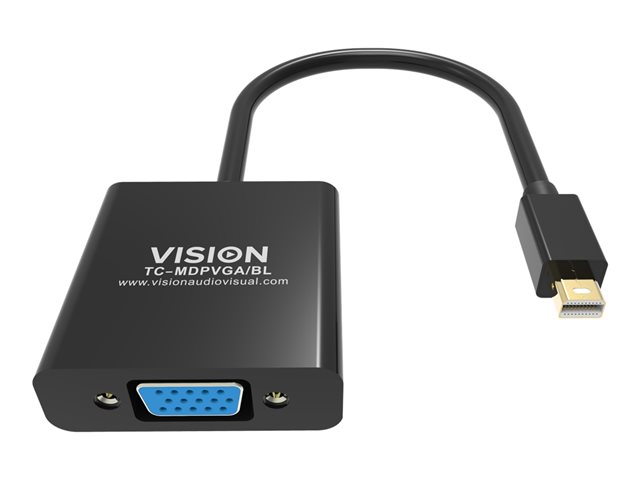 VISION Professional installation-grade Mini DisplayPort to VGA adaptor - LIFETIME WARRANTY - maximum resolution 1920 x 1080 - does not convert VGA to DP - hotplug - mDP (M) to VGA (F) - outer diameter 5.5 mm - 32 AWG - overall length 220 mm - black