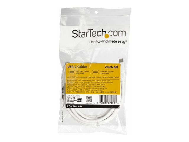 StarTech.com USB C to USB C Cable - 6 ft / 2m - 5A PD - M/M - White - USB 2.0 - USB-IF Certified - USB Type C Cable - USB C Charging Cable (USB2C5C2MW) - USB cable - 24 pin USB-C (M) to 24 pin USB-C (M) - Thunderbolt 3 / USB 2.0 - 5 A - 2 m - white