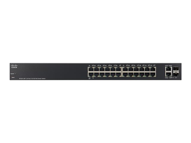 Cisco 220 Series SF220-24P - Switch - Managed - 24 x 10/100 (PoE) + 2 x combo Gigabit SFP - desktop, rack-mountable - PoE (180 W)