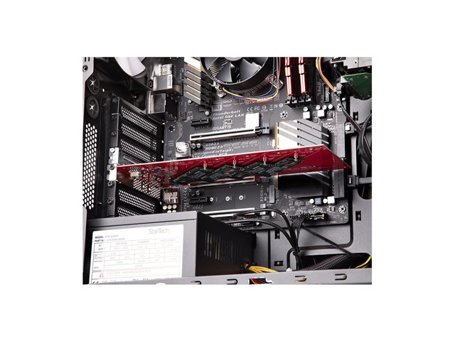 StarTech.com Quad M.2 PCIe Adapter Card, x16 Quad NVMe or AHCI M.2 SSD to PCI Express 4.0, Up to 7.8GBps/Drive, For 2242/2260/2280/22110mm PCIe M-Key M2 SSDs, Bifurcation Required - PC/Linux Compatible (QUAD-M2-PCIE-CARD-B) - Interface adapter - M.2 - Expansion Slot to 4 x M.2 - M.2 Card - low profile - RAID RAID 0, 1, JBOD - PCIe 4.0 x16/x8 - red