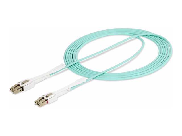 StarTech.com 3m (10ft) LC to LC (UPC) OM4 Multimode Fiber Optic Cable w/Push Pull Tabs, 50/125µm, 100G Networks, Bend Insensitive, Low Insertion Loss - LSZH Fiber Patch Cord (450FBLCLC3PP) - Patch cable - LC/UPC multi-mode (M) to LC/UPC multi-mode (M) - 3 m - 2.9 mm - fibre optic - duplex - 50 / 125 micron - OM3/OM4 - halogen-free, up to 100 Gbps data transfer rate, molded - aqua
