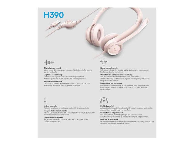 Logitech H390 - Headset - on-ear - wired - USB-A - rose