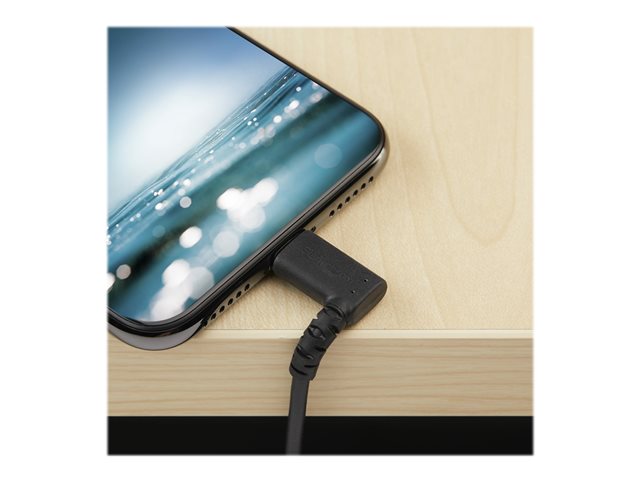 StarTech.com 6ft (2m) Durable USB A to Lightning Cable, Black 90° Right Angled Heavy Duty Rugged Aramid Fiber USB Type A to Lightning Charging/Sync Cord, Apple MFi Certified, iPhone 12 Pro - iPhone 7/8/11/11 Pro - Lightning cable - Lightning male angled to USB male - 2 m - double shielded - black