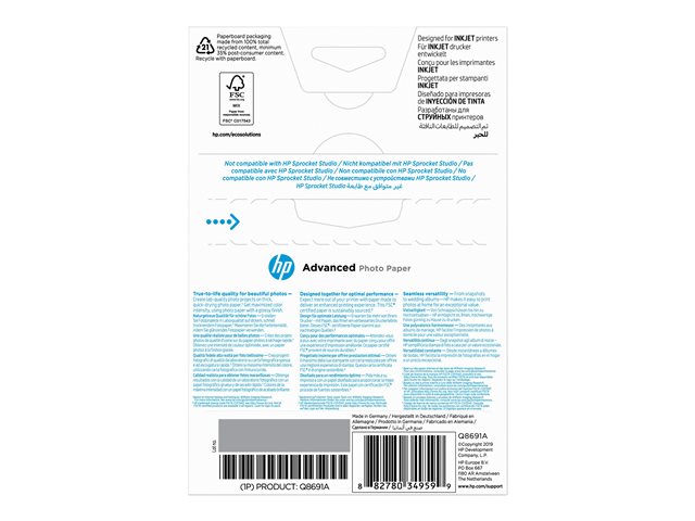 HP Advanced Glossy Photo Paper - Glossy - 100 x 150 mm - 250 g/m² - 25 sheet(s) photo paper - for ENVY Inspire 7255, 79XX, Officejet 80XX, Photosmart B110, Smart Tank Plus 55X