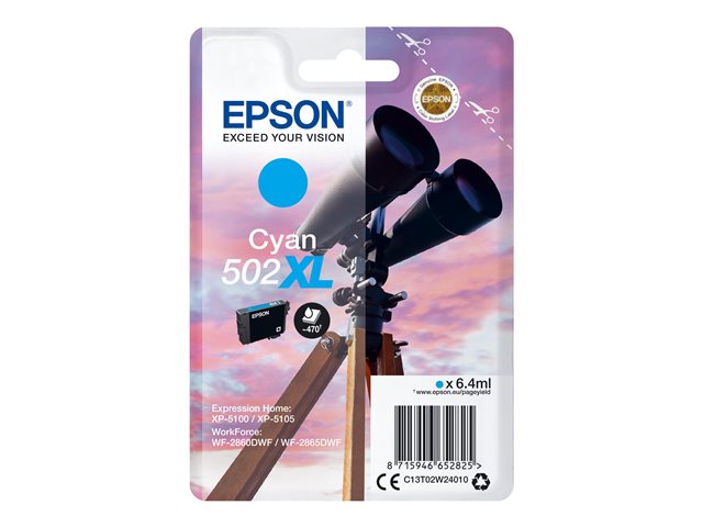 Epson 502XL - 6.4 ml - high capacity - cyan - original - blister - ink cartridge - for Expression Home XP-5100, 5105, 5150, 5155, WorkForce WF-2860, 2865, 2880, 2885