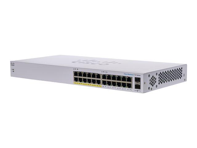 Cisco Business 110 Series 110-24PP - Switch - unmanaged - 12 x 10/100/1000 (PoE) + 12 x 10/100/1000 + 2 x combo Gigabit SFP - rack-mountable, desktop, wall-mountable - PoE (100 W)
