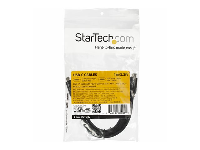 StarTech.com USB C To USB C Cable - 3 ft / 1m - USB-IF Certified - 5A PD - USB 2.0 - USB Type C Charging Cable - USB C Fast Charge Cable (USB2C5C1M) - USB cable - 24 pin USB-C (M) to 24 pin USB-C (M) - Thunderbolt 3 / USB 2.0 - 5 A - 1 m - black