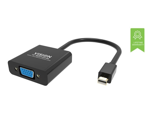 VISION Professional installation-grade Mini DisplayPort to VGA adaptor - LIFETIME WARRANTY - maximum resolution 1920 x 1080 - does not convert VGA to DP - hotplug - mDP (M) to VGA (F) - outer diameter 5.5 mm - 32 AWG - overall length 220 mm - black