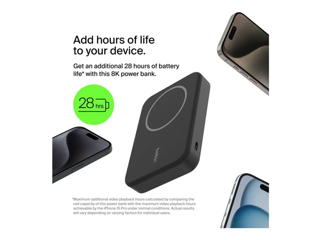 Belkin - Wireless power bank - magnetic with Qi2 - 8000 mAh - 15 Watt - Fast Charge (24 pin USB-C) - on cable: USB-C - black
